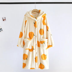 Fruit Print Plush Hooded Bathrobe Lougewear