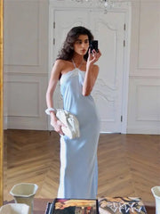 Satin Halter Lace Trim Maxi Dress