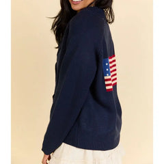 USA Ribbed Button-up Lapel V-Neck Loose Cadigan Flag Print