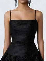 Black Pleated Strappy Mesh Hem Maxi Dress