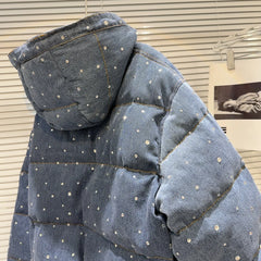 Diamond Denim Hooded Zipper Down Jacket