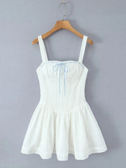 White Square Collar Sleeveless Bow Corset Puffy Short Dress