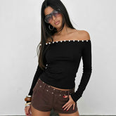 Long Sleeve Button Trim Off-shoulder Top