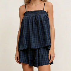 Gingham Babydoll Cami Tops And Wide Leg Shorts Set