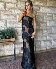 Black One-Shoulder Floral Desgin Long Dress