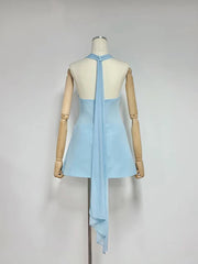 Halter Neck Folds Draped Pleated Hem Mini Dress