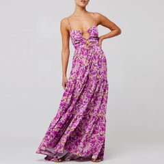 Spaghetti Straps Cross Tie-up Front Floral Print Cutout Long Dress