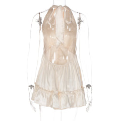 White Satin V-Neck Buttoned Mini Dress