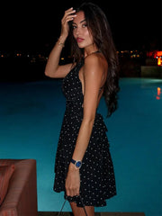 Black Polka Dot V-Neck Sleeveless Mini Dress - Slim Fit