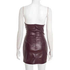 Off-shoulder PU Leather Strapless Ruched Mini Dress