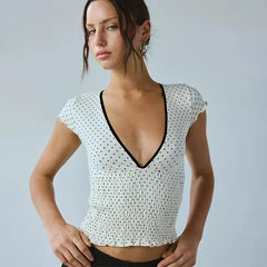 White V-Neck Printed Short Sleeve Top - Regular Fit