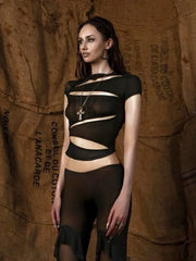 Black Mesh Slits Top