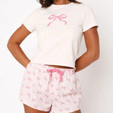 Bow Print Short Sleeve T-Shirt and Elastic Shorts Pajamas Set