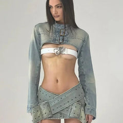 Buckle Denim Stand Collar Long Sleeve Crop Top And Bodycon Mini Skirt Set