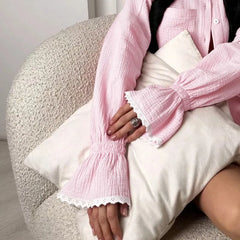 Ruffle Trim Long Sleeve Shirt And Shorts Set