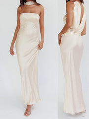 Satin Tube Halter Drape Long Dress