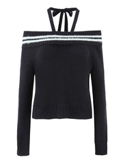 Off-Shoulder Sweater Strap Top And Knit Fuzzyh Mini Skirt