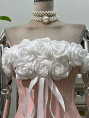 Rose Bow Lace Up Strapless Mini Dress