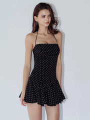 Black Polka Dot Print Halter Strap Mini Dress