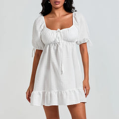 White Puff Sleeve Square Collar Babydoll Mini Dress
