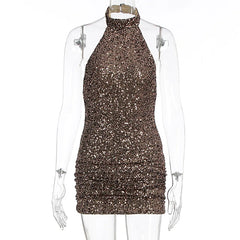 Brown Sequin Mock Neck Open Back Mini Dress