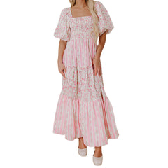 Pink Floral Patchwork Smocked Square Neck Short Puff Sleeve Maxi Dress