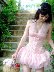 Halter Neck Mesh Patchwork Puff Mini Dress