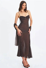 Black Polka Dot Sweetheart Neck Spaghetti Strap Scarf Maxi Dress