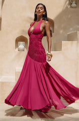Deep Halter Neck Pleated Desgin Maxi Dress
