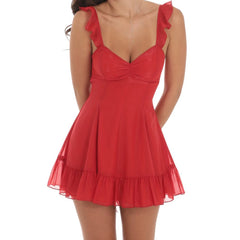 Red dress with ruffled straps- solid
