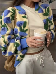 Embroidered Knit 3D Floral Print Zip Up Jacket