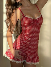Red Plaid Cami Lace Trim Mini Dress