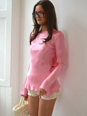 Satin Backless Long Sleeve Top