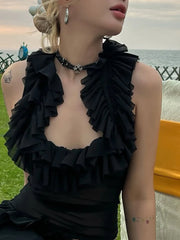 Black Ruffle Low-Neck Tank Top