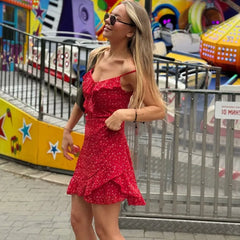 Red Polka Dot Ruffle Strap Mini Dress