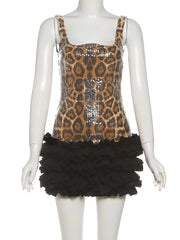 Leopard Sequin Strap Ruffle Hem Mini Bodycon Dress