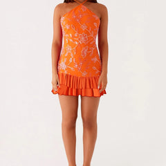 Sequin Beaded Halter Strap Mini Dress