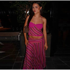 Stripe Print Open Back Tie Crop Top And Midi Skirt Set