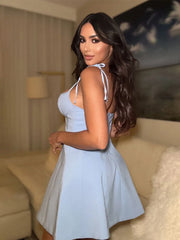 Blue Tie Up Bow Sweet Heart Neckline Mini Dress