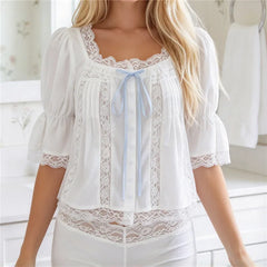 White Lace Spliced Puff Flare Sleeve Bow Tie Top