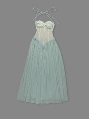 Halter Neck Lace Corset Tie Patchwork Long Dress