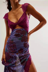 Floral Print Lace Patchwork Cutout V-Neck Midi Dress