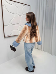 Deer Print Blue Faux Fur Cropped Jacket