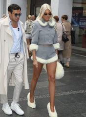 Grey Button Up Fur Trim Collar Crop Jacket And Shorts Set