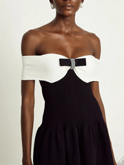 Ribbed Off-Shoulder Diamond Bow Dress