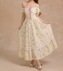 Floral Puff Sleeve Lace Trim Ruffle Hem Maxi Dress