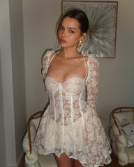 White Lace Flare Sleeve Corset Frill Mini Dress