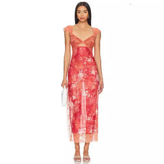 Floral Print Lace Patchwork Cutout V-Neck Midi Dress