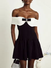Ribbed Off-Shoulder Diamond Bow Dress