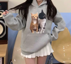 Grey Cat Print Hoodie